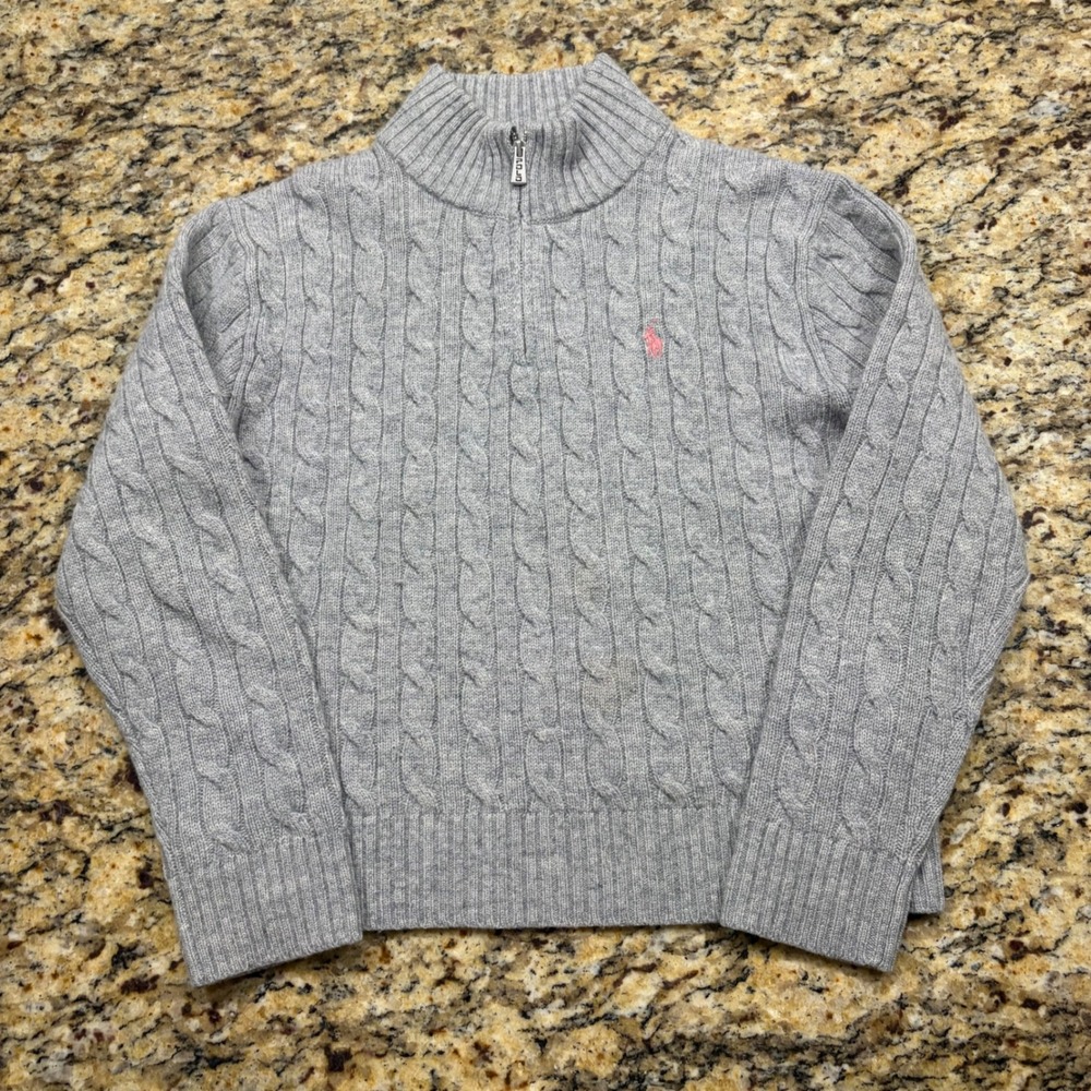 Polo Ralph Lauren Kids Gray Cable Knit Quarter Zip Sweater Size M Pink Pony ws